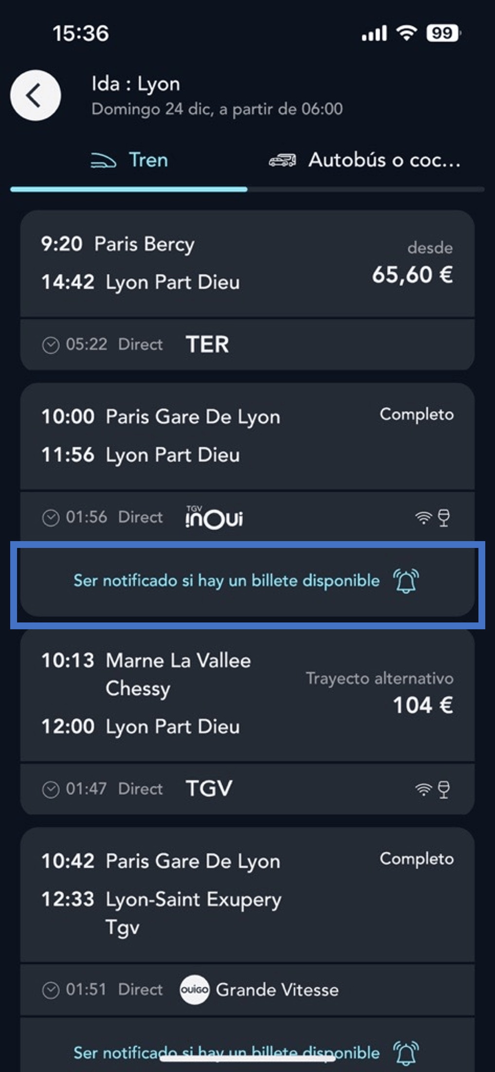 Pantalla de la página de resultados de la búsqueda de billetes en la aplicación SNCF Connect que ilustra la opción de alerta tren completo